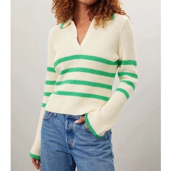 CENTRAL PARK WEST Sweater Women Small Green Stripe Ivory Pullover V-Neck Collar - Picture 1 of 16